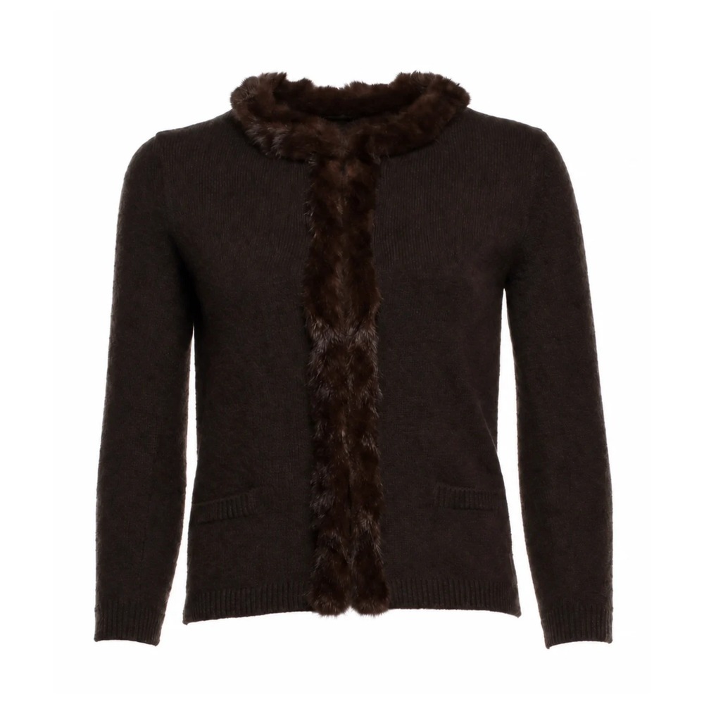 Prada Vintage 2000s Brown Knit Cashmere Mink Trimmed Cardigan